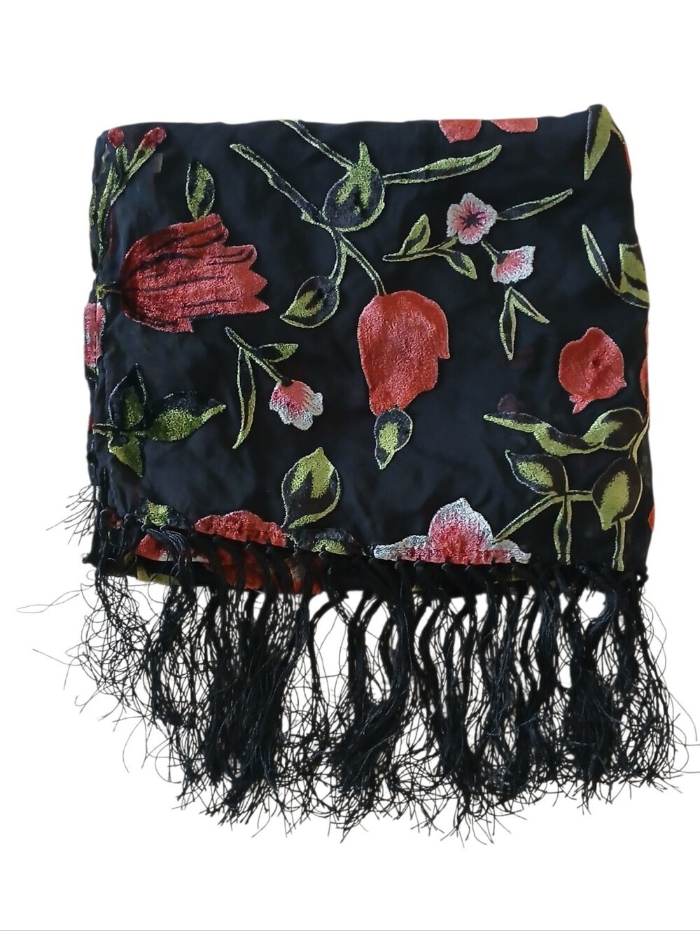 100% SILK Velvet Burnout Roses Knotted Fringe Rectangle Piano Shawl Sheer Wrap - Picture 6 of 9